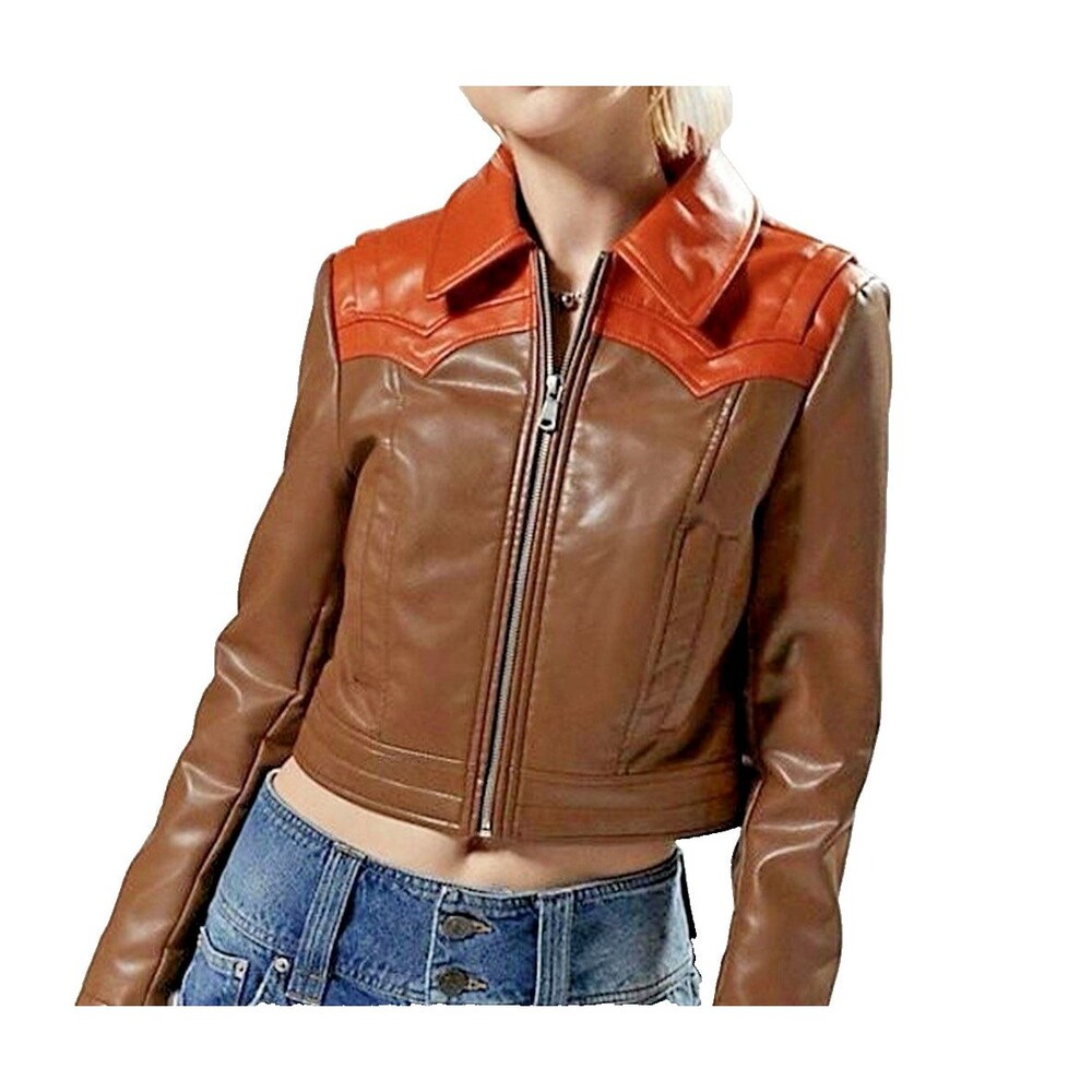 Urban Outfitters Silence + Noise Retro 70's Brown Orange Faux Leather Jacket XL